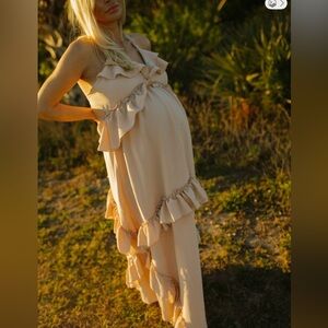 Elegant Cream Apricot Maternity Maxi Dress-S